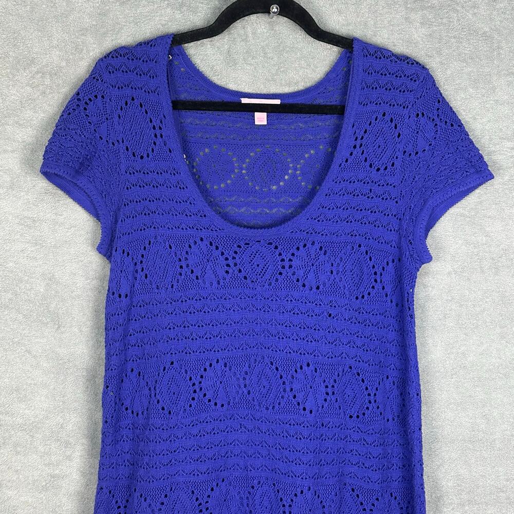 Lilly Pulitzer Dress Womens Large Blue Paulette Crochet Lined Short Sleeve Beach - Picture 2 of 12